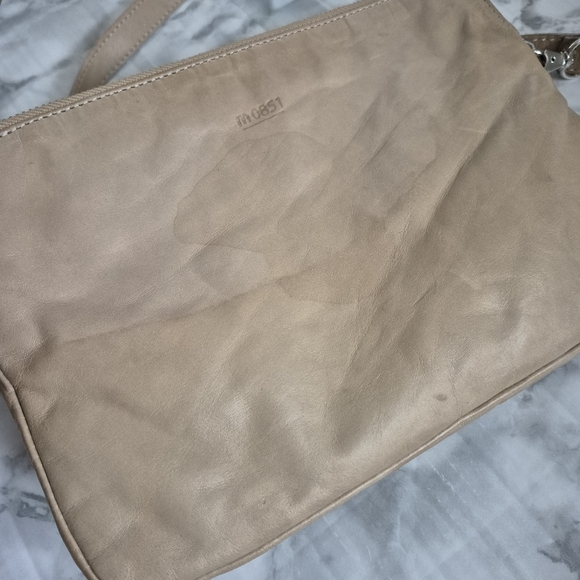 M0851 Beige Leather Two Pocket Crossbody Bag - Picture 8 of 10